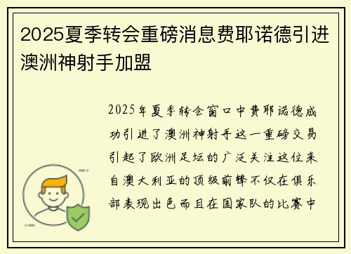 2025夏季转会重磅消息费耶诺德引进澳洲神射手加盟
